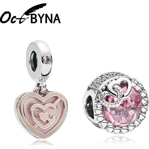 Octbyna Pink Heart Shape Pendant Crystal Charm Beads Fits Pandora Bracelets&Necklaces For Women Jewelry Making Gift Dropshipping