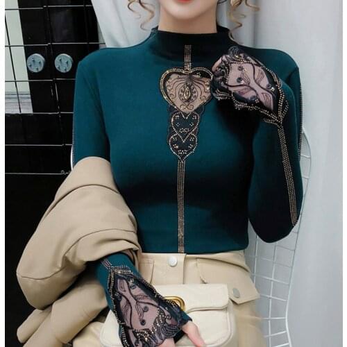 2021 Autumn Women Lace Patchwork Hollow Long Sleeve Pullovers Top Winter Thick Warm Fleece T-Shirt Tees Half-turtleneck Drill
