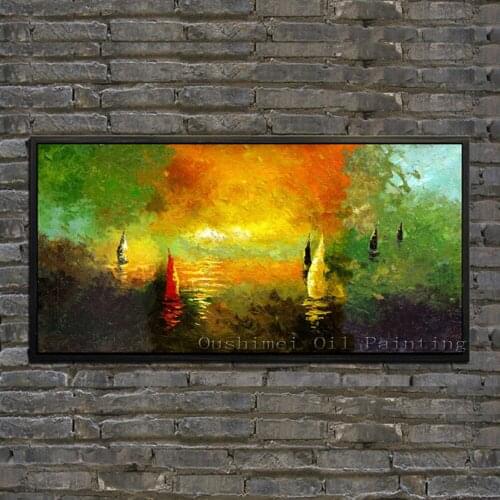 Hand Painted Modern Impression Seascape Picture Canvas Wall Art Boat Scenery Painting For Room Decor Hang Painting Oil Painting