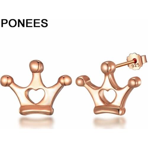 Ponees Real 925-Sterling-Silver Heart Hollow Crown Stud Earrings Women Girls Simple Cute Earrings