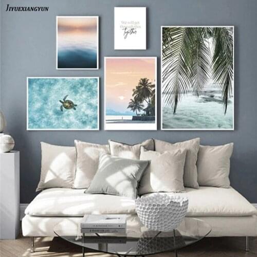Palm Leaf Turtle Beach Landscape Quotes Nordic Posters And Prints Wall Art Canvas Painting Wall Picture For Living Room Decor