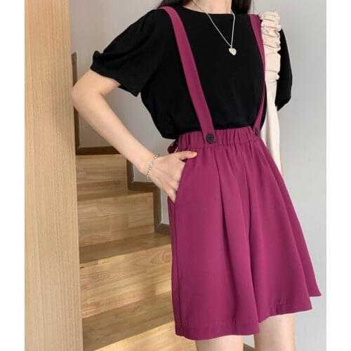 Women Summer Overalls Shorts Elastic High Waist Draped Loose Purple Chic Shorts Knee Length Pockets Knee Length Harajuku Shorts