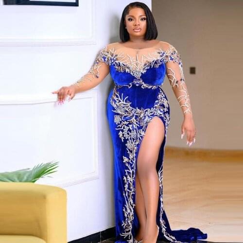 Royal Blue Aso Ebi Velour Prom Dresses Long Sleeves Sheer Neck Beads High Split Evening Gowns Plus Size Arabic Party Dress