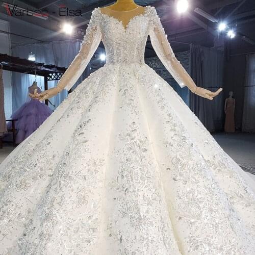 Varboo-Elsa O-Neck Long Sleeve Ball Gown Wedding Dresses 2021 Luxury Royal Train Lace Princess Dream Vintage Wedding Gowns Real
