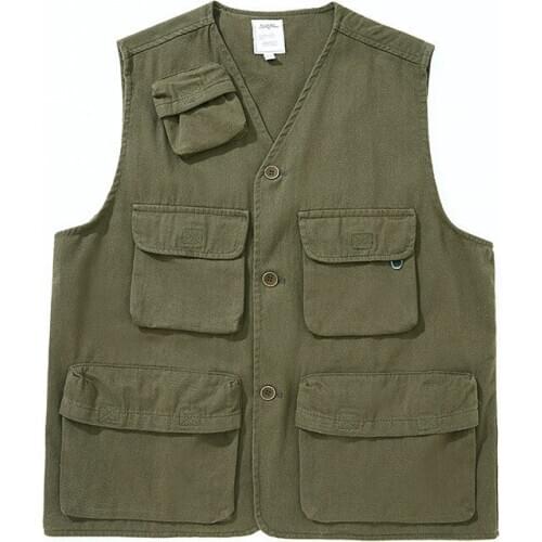 Spring Cotton Loose Four Seasons Cardigan Casual V-neck Outdoor Hiking Hunting Training Solid Color Single Breasted Green Vest