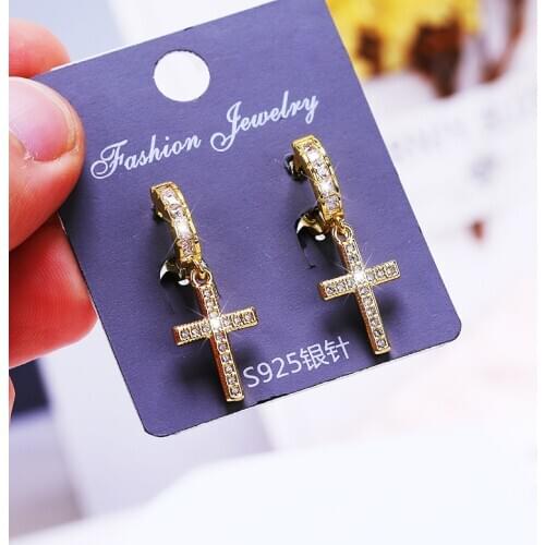 JUWANG Vintage Luxury Piercing Hoop Earrings For Women AAA Cubic Zirconia Cross Cruz Dangle Earrings Jewelry Pendientes Mujer