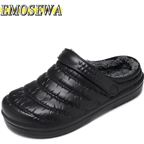 EMOSEWA High Quality Winter Men And Slippers Plush Waterproof EVA Warm Fur Slippers Clogs Lovers Home Slipper Indoor Floor Shoes