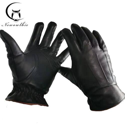 Mens Genuine Leather Gloves Real Sheepskin Black High-quality Gloves Fashion Brand Winter Warm Mittens New