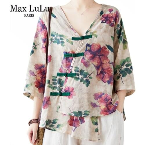 Max LuLu 2021 Korean Summer Fashion Clothes Women Flowers Printed Blouses Ladies V-Neck Vintage Shirts Female Loose Casual Tops