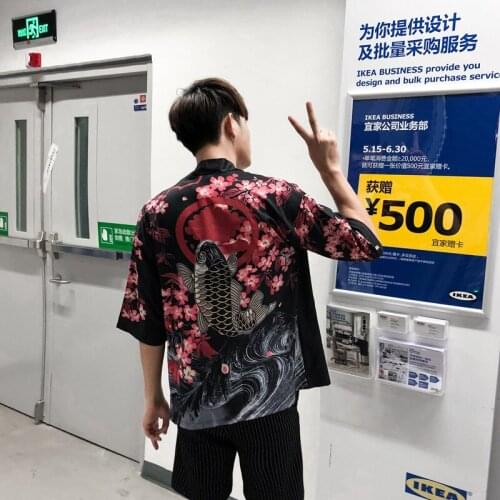 Chinese Style Good Luck Gold Fish Print Kimono Jackets 2019 Summer Casual Mens Harajuku Streetwear Jacket Coat Summer Thin Gown