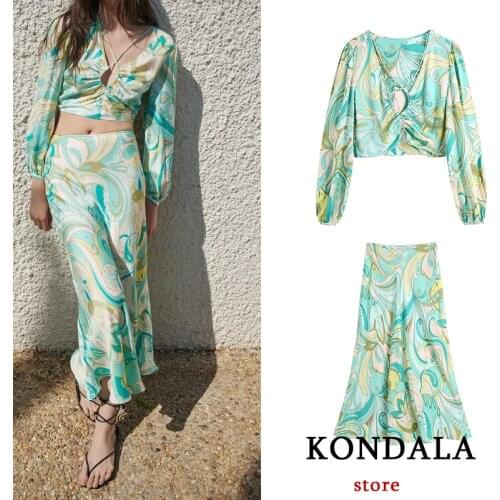 KONDALA Za 2021 Women Summer Green Suit Chic Printed Short Blouses and High Waist Zipper Skirts 2 Piece Sets High Street Sets