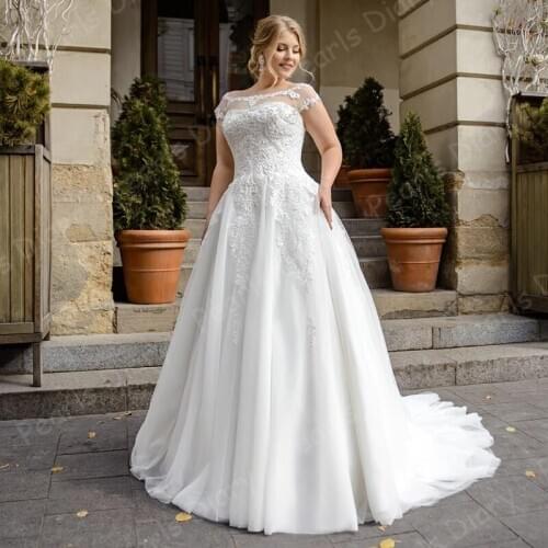 2021 High Quality Appliques Wedding Dresses For Women Vestido De Noiva Lace Scoop Cap Sleeve A-line Bridal Gowns Bride Dress