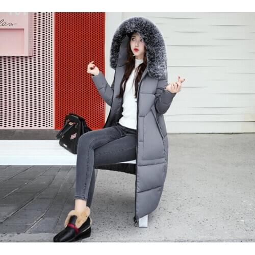Winter Coat Women Faux Fur Collar Long Slim Zipper Thick Warm Pocket Wadded Women Down Hooded Jacket Womans Jackets