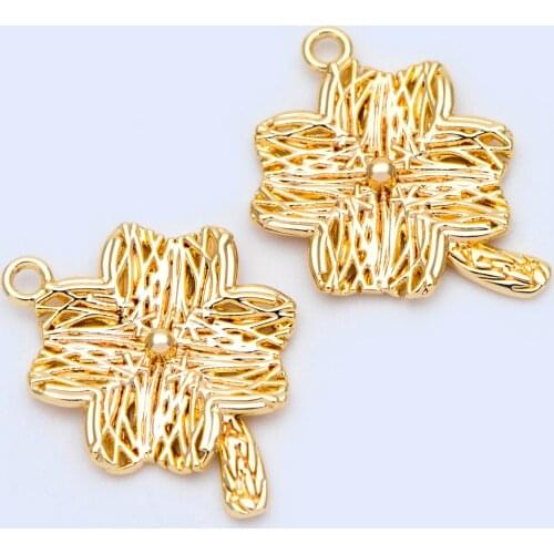 10pcs=5pairs Gold plated Brass Filigree Four Leaf Clover Charms, Leaf Pendants 21x16mm (GB-1121)