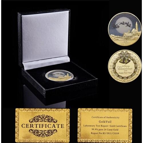 2021 Merry Christmas Santa Claus Deer Gold Plated Commemorative Toen Value Coin W/ Luxury Box