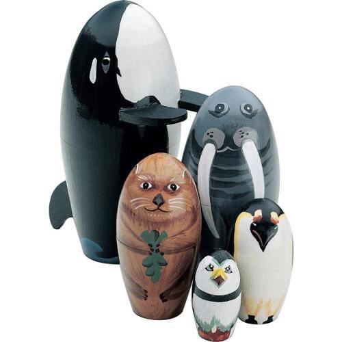 5Pcs/Set Wooden Whale Penguin Animal Matryoshka Nesting Dolls Figurines Kids Educational Toys for Children Gift