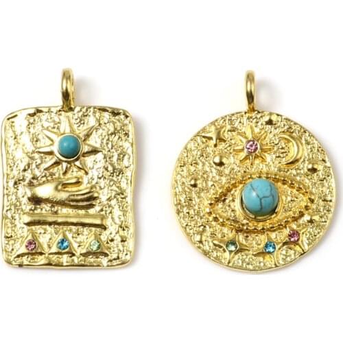 Vintage Gold Color Green Beads Galaxy Star Eye Pendants Geometric Round Rectangle Charms DIY Making Necklace Jewelry Gifts,5PCs