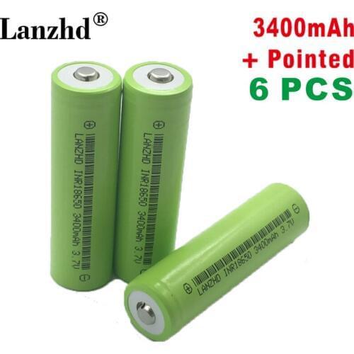 6PCS 100% New Original INR18650 3.7v 3400mah 18650 with Pointed Lithium Rechargeable Battery For Flashlight batteries (NO PCB)