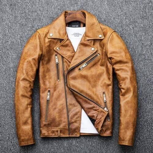 Free shipping.Biker Brand new Oil wax cow leather clothing,mens 100% genuine leather vintage coat,yellow slim leather jacket