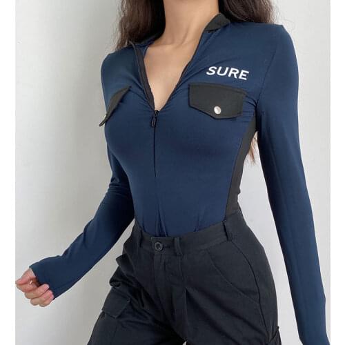 Pockets Patchwork Fashion Bodysuit Women Autumn Long Sleeve Zipper Top Body Rompers Turtleneck Streetwear Print Jumpsuit