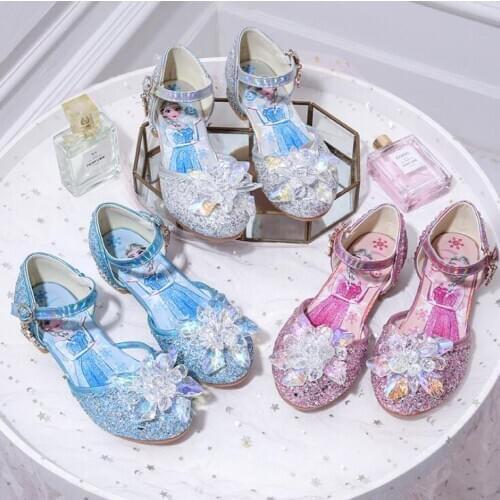 Children sandals princess party shoes Elsa Anna sandal for girls glitter wedding girl sandals crystal High heel snow blue shoes