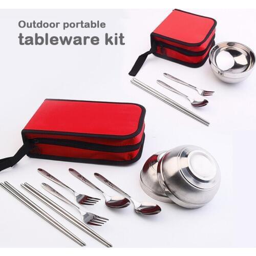 Travel portable single/double tableware bag set Outdoor camping tableware kit Stainless steel bowl chopsticks spoon fork