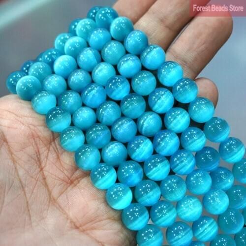 Smooth AAA Blue Cat Eye Beads High Quality Opal Stone Round Beads for Jewelry Making DIY Bracelets Earrings 15" Strand 6/8/10MM
