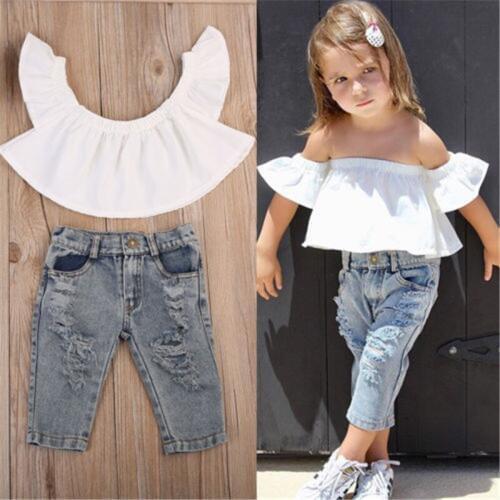 Fashion 2pcs Summer Toddler Kid Baby Girls Fashion Clothes Sets off Shoulder T shirt Tops+Casual Denim Pants