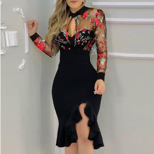 Fashion Women Midi Dresses Slit Ruffles Hem Floral Pattern Slimming Lace Long Sleeve Black Party Sexy Female Bodycon Dress #40
