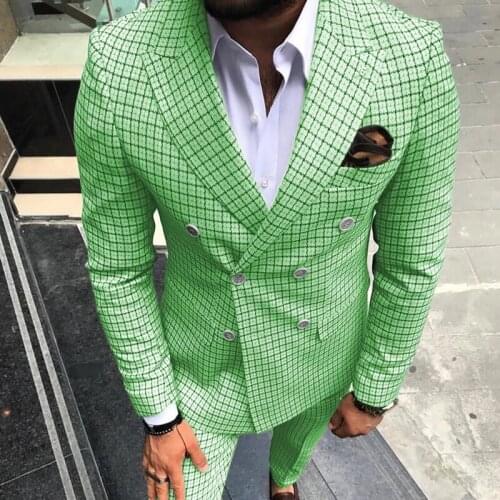 Fashion Men Suits For Wedding Double Breasted Blazer Plaid Tuxedo Men 2 Pieces Mint Green Groomsmen Suits (Blazer+Pants)
