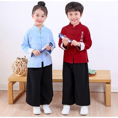 New Childrens Costume Boys and Girls Suit Cotton Hemp Ancient Chinese Hanfu Chorus Recitation Kids Clothes Coat and Pants