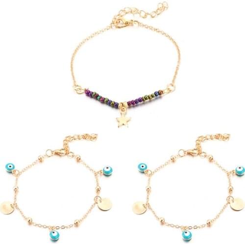 New Style Jewelry Creativity Simple Rice Bead Alloy Wafer Eyes Continuously Stars Multilayer Fashion Style Anklets For Women