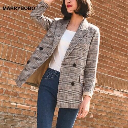 Vintage Double Breasted Plaid Women Blazer Pockets Jackets 2019 Casual Long Sleeve Office Jacket Coats Slim Outwear Tops