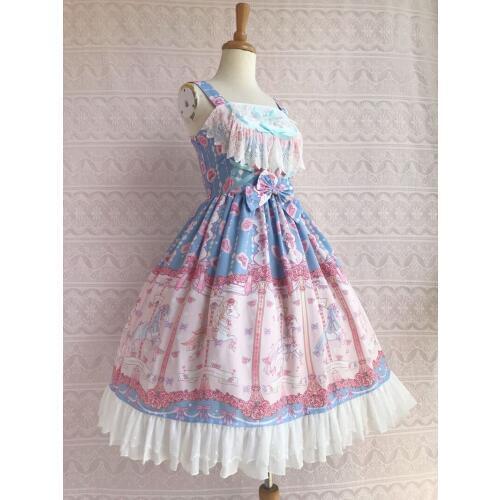 Lolita Dress Sweet Chiffon Jumper Skirt Straps Lace Printed Ruffles Lolita JSK Dress