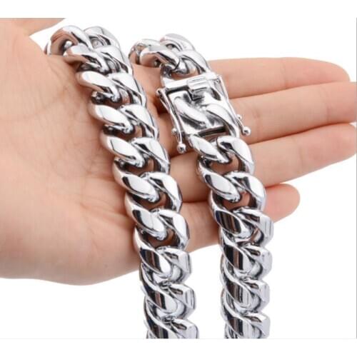 High Polished hip-Hop Mens Jewelry 316L Stainless steel Cuban Curb Link chain necklace 10mm/12mm/14mm 24 inch heavy Cool Clasp