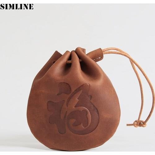 SIMLINE 100% Genuine Leather Coin Purse Real Cowhide Men Woman Small String Pocket Wallet Wallets Card Key Holder Storage Bag