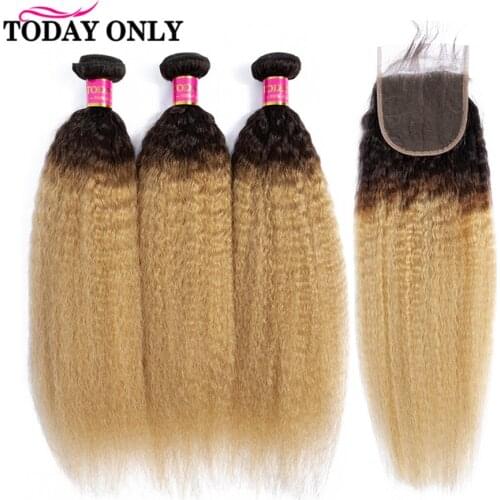 TODAY ONLY Blonde 3 Bundles With Closure Kinky Straight Hair Bundles With Closure Human Hair Bundles With Closure Remy 1b/27