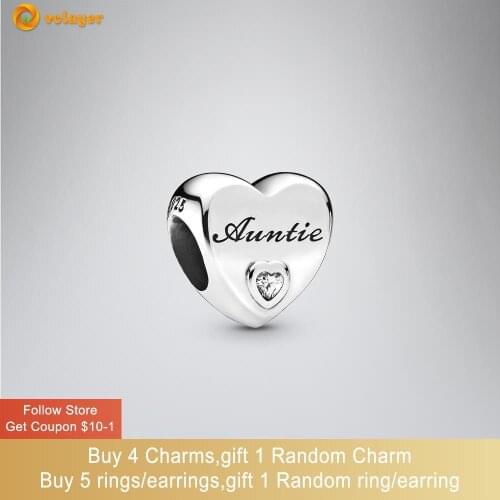 Volayer 925 Sterling Silver Beads Auntie Love Heart Charms fit Original Pandora Bracelets for Women Jewelry Making Birthday Gift