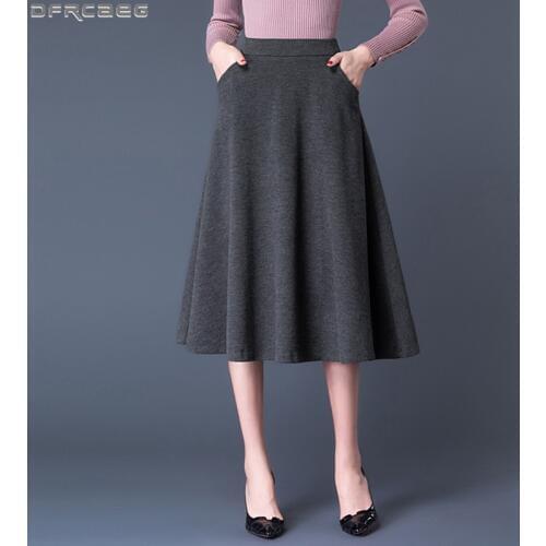 Vintage Gray Black Wool Skirt Female Retro Autumn Winter High Waist Womens Skirts Solid A-line Saia Midi Plus Size Skirt Women