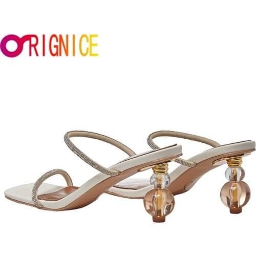 Orignice Big Size 34-43 Crystal Round Ball Heel Slippers Women Summer Square Peep Toe Slides Shoes Rhinestone Flip Flops Sandals