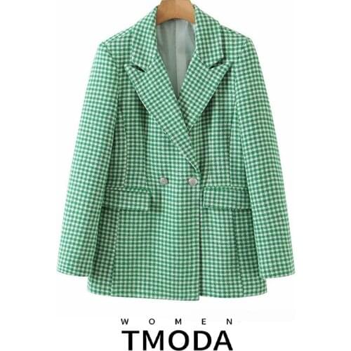 T MODA Za 2021 Autumn Winter Women Green White Plaid Woolen Blazers Jackets Work Office Lady Suit Formal Coat Retro Outerwear
