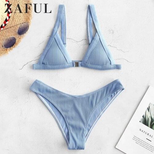 ZAFUL Textured Ribbed Front Closure Bikini Set Straps Solid Sexy Push Up Swimwear Women Swim Suit Padded 2020 Summer New