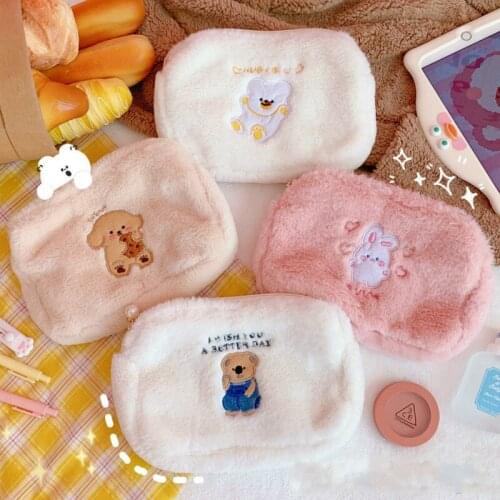 1pc Cartoon Bear Embroidery Plush bag reticule Daily Necessities Storage bag reticule hold in the hand Kitchen Storage Bags