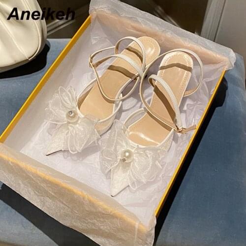 Aneikeh Fashion Lace Summer NEW Thin Heels Pumps Wedding Butterfly-Knot Pointed Toe Solid Shoes For Women 2021Buckle Strap Sweet