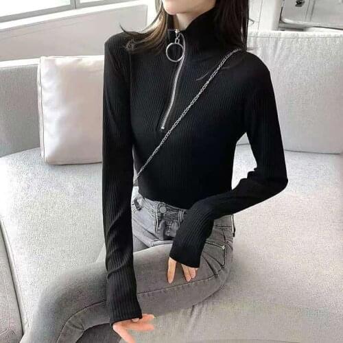 Large Womens Half High Collar Ring Zipper Short Slim Bottomed Sweater Female Pullover Autumn Sweaters Pull Femme Suterde Mujer