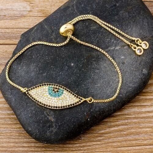 Latest Design Fashionable Evil Eye Copper Adjustable Bracelet Bangle Gold Chain For Women CZ Zirconia Charm Jewelry Gift
