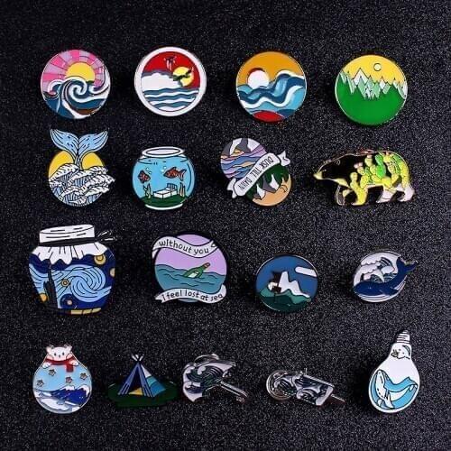 Outdoors Adventure Mountain Ocean Brooches Nature Badges on Backpack Enamel Pins for Clothes Lapel Pin Space Badge Jewelry Gift