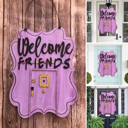 Welcome Friends Sign Front Door Hanger Wooden Friends Themed Door Hanging Decoration for Farmhouse Porch Home Decor