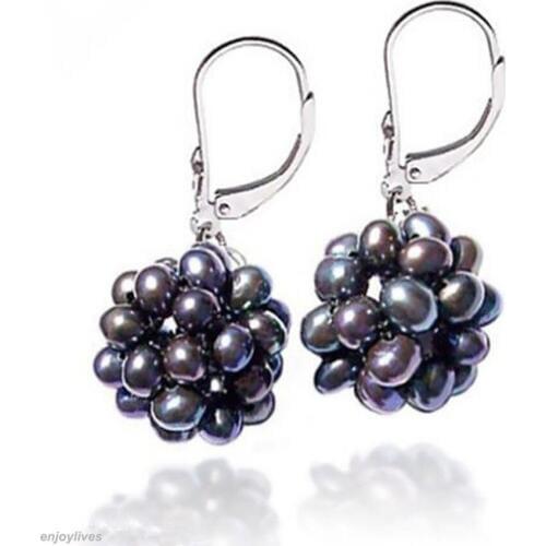 Hot sale Free Shipping>>>>Pair Real Genuine Black Pearl Balls White stone Hook Earrings