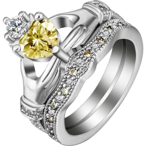 Hainon Fashion Claddagh Style Hand to Heart Ring White Yellow CZ Crown Crystal Love Silver Color Wedding Rings Set for Women men